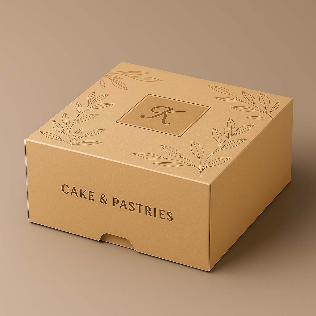 Custom printed cake and pastry boxes with logo branding.