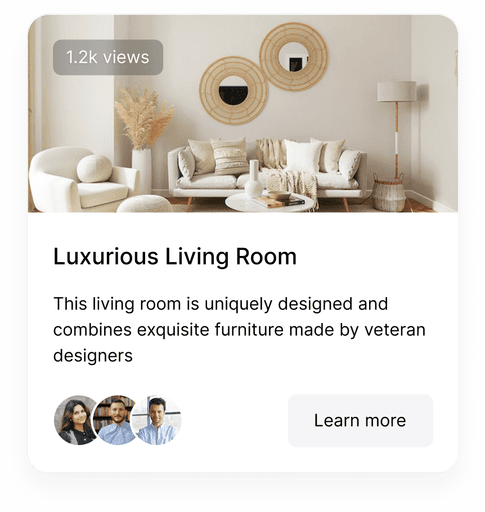 Sample of UI Card with image of an apartment, title, description, CTA button, and three avatars