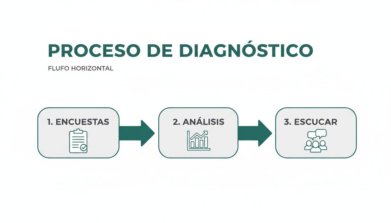 Diagrama de flujo horizontal que ilustra el proceso de diagnóstico con tres etapas: encuestas, análisis y escuchar.