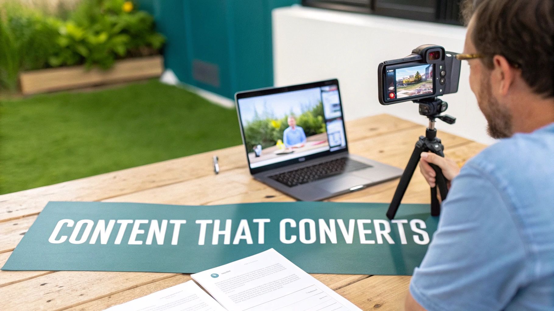 A person filming a video on a smartphone and laptop, with a 'CONTENT THAT CONVERTS' banner.