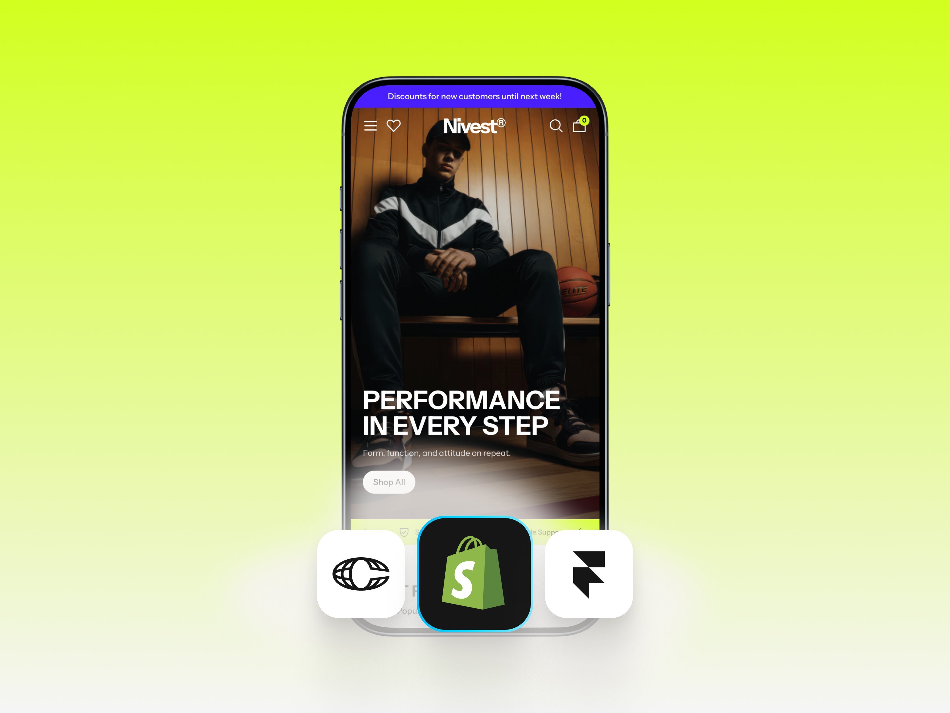 Nivest sneaker e-commerce website template on a mobile mockup showing a male model seated with the headline "Performance in Every Step" on a lime green gradient background