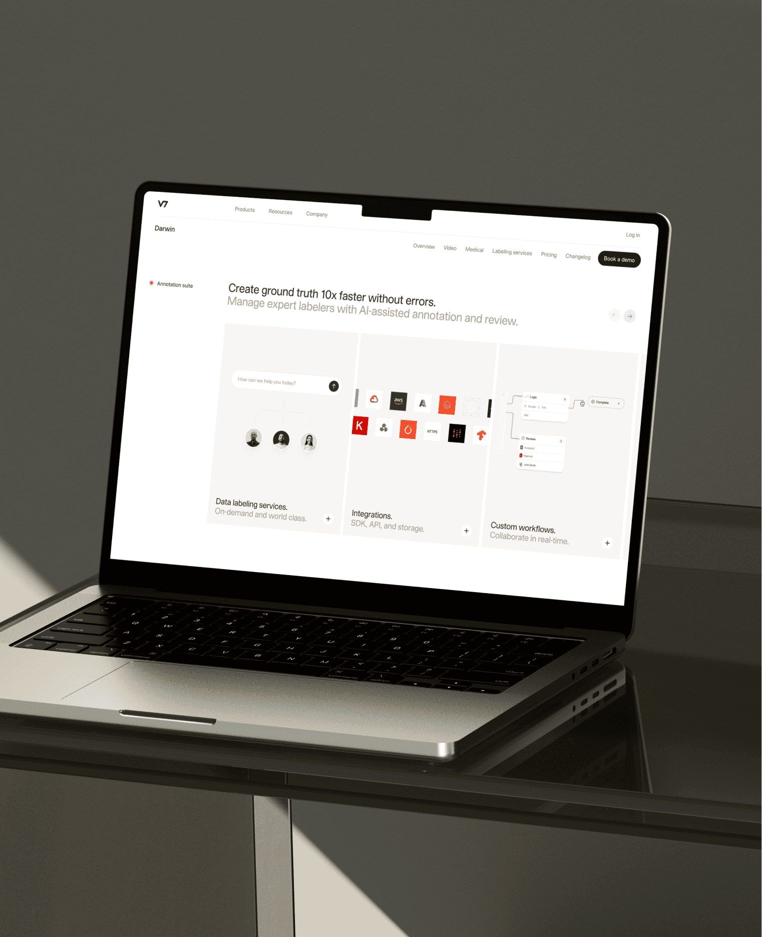 Laptop displaying V7 Labs Darwin landing page section — V7 Labs case study by Boldway Studio