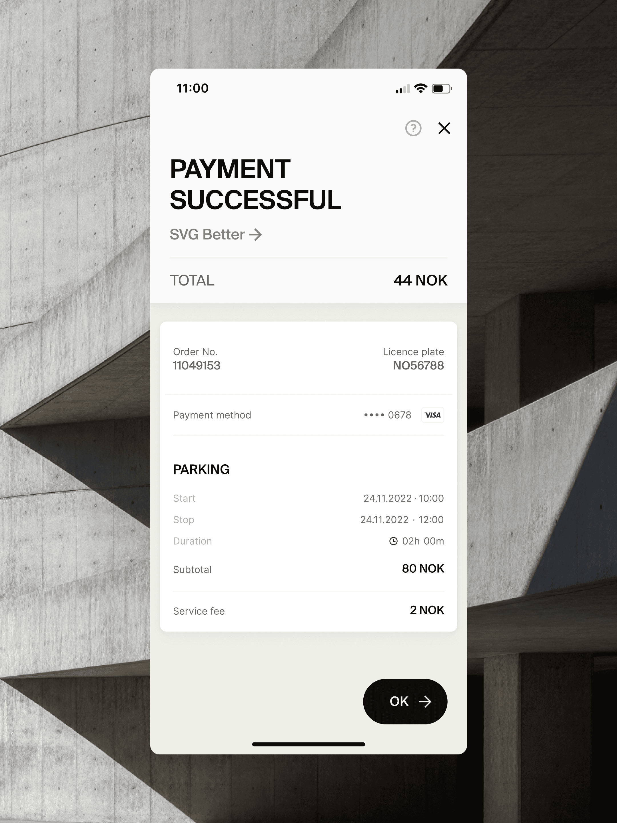 A successful payment confirmation screen with a detailed breakdown of costs and session duration