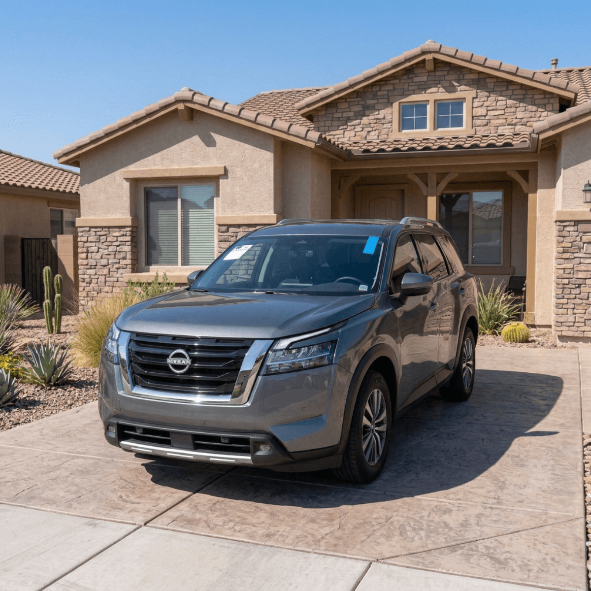 Bronze Nissan Pathfinder with a flawless windshield install parked at a Globe, Arizona stucco home