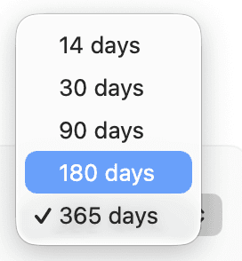 The Data Retention Period menu showing 14, 30, 90, 180 and 365 days, with 180 days highlighted.