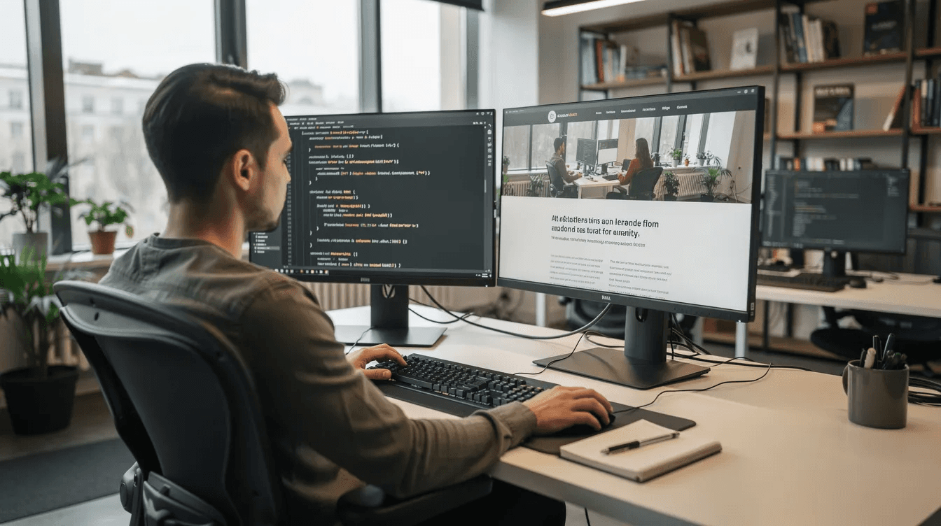 A developer is focused on coding at a desk with dual monitors displaying intricate lines of code and a live preview of a website, set in a bright and organized office. This scene reflects the work environment of a leading web design agency in Dubai, showcasing the blend of web development and digital marketing services.