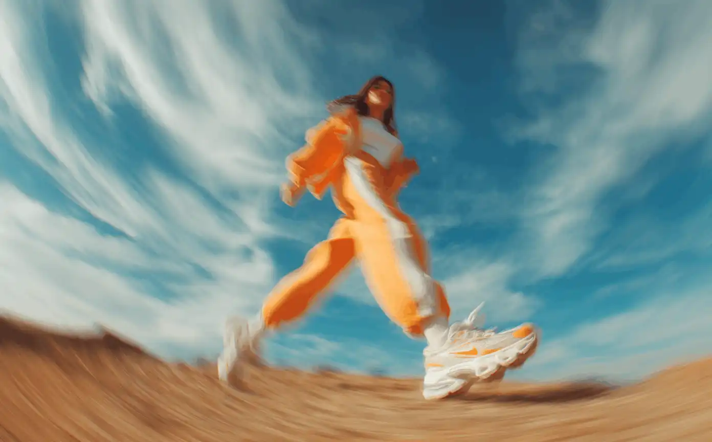 Motion-blurred person walking outdoors beneath a dramatic blue sky wearing orange-toned clothing.