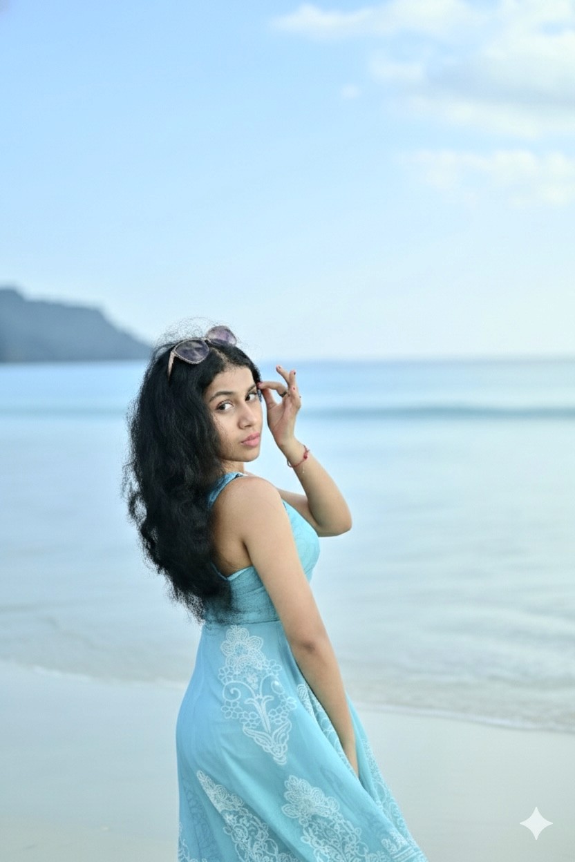 Sheersha posing at the camera in a dress