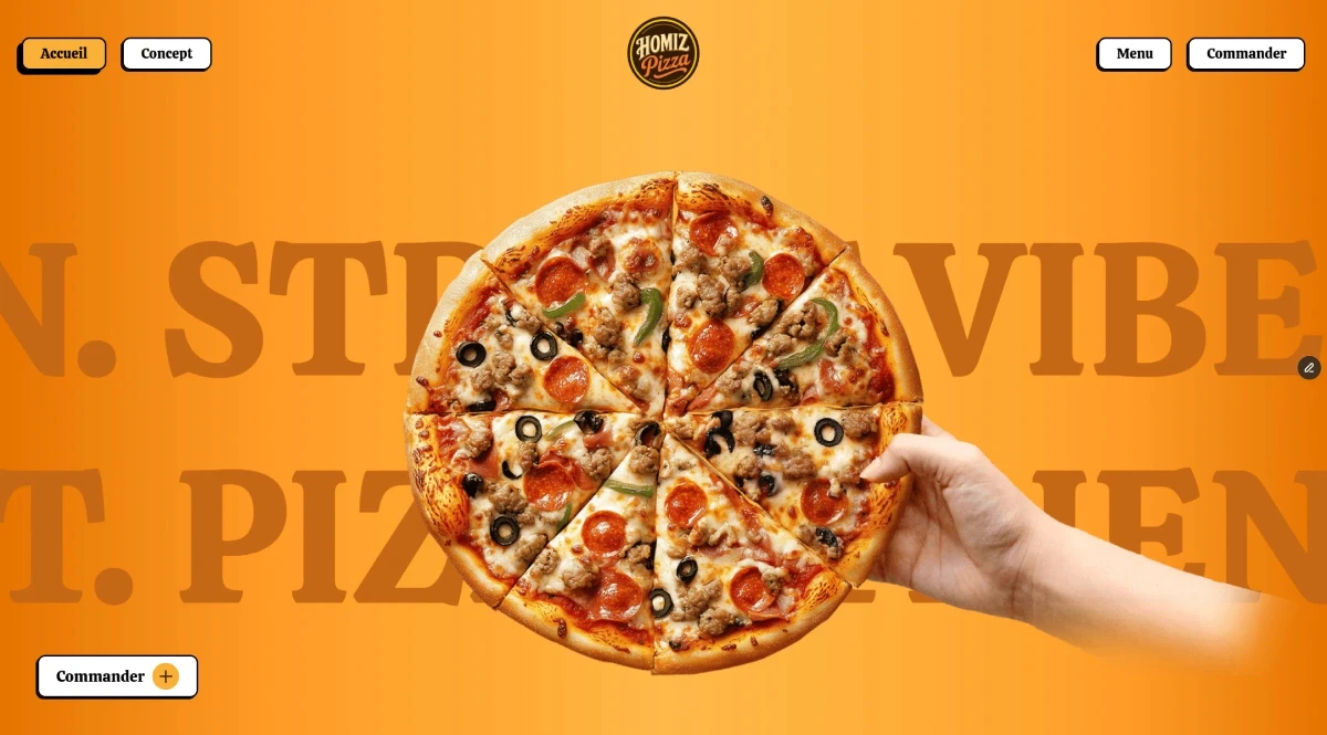 Page d’accueil d'une pizzeria avec une pizza mise en avant et un bouton de commande en ligne.