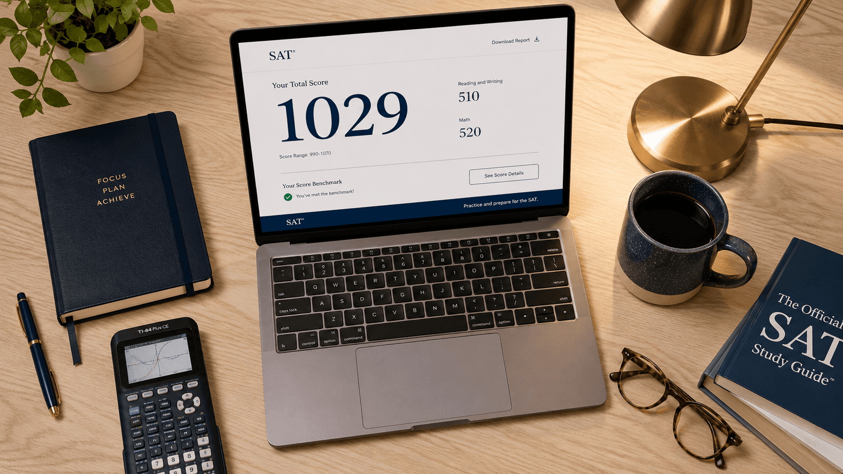 Average SAT score 2025 national result of 1029 displayed on a laptop study desk with calculator and prep notebook