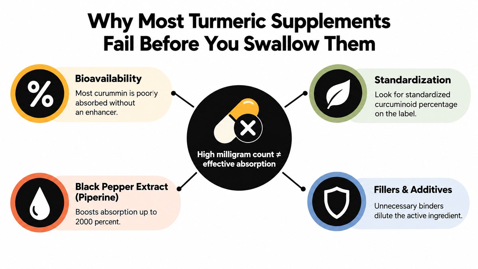 An infographic explaining why most turmeric supplements fail to provide effective absorption and health benefits.