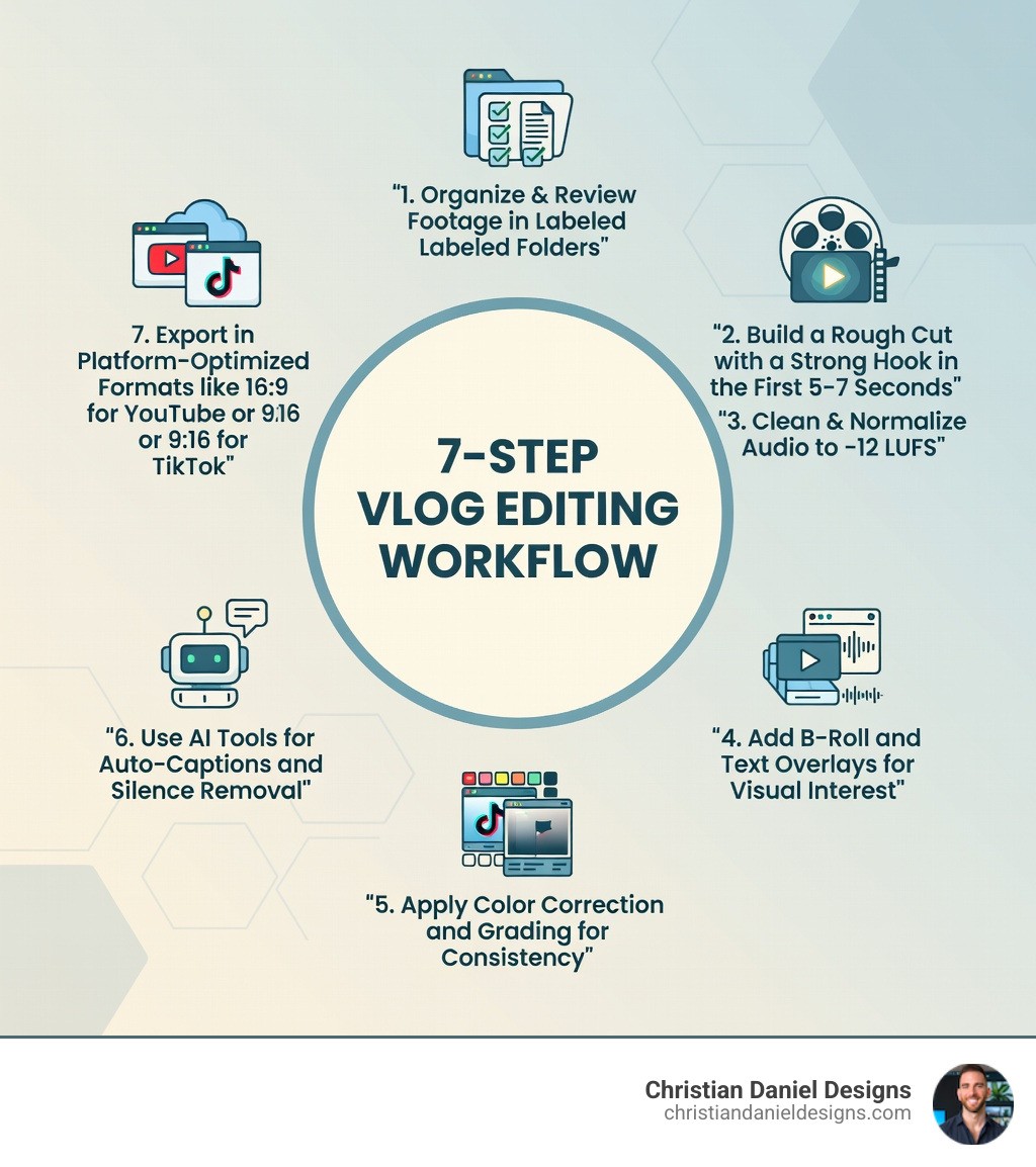 Infographic showing the 7-step vlog editing workflow: 1. Organize and review footage in labeled folders, 2. Build a rough cut with a strong hook in the first 5-7 seconds, 3. Clean and normalize audio to -12 LUFS, 4. Add B-roll and text overlays for visual interest, 5. Apply color correction and grading for consistency, 6. Use AI tools for auto-captions and silence removal, 7. Export in platform-optimized formats like 16:9 for YouTube or 9:16 for TikTok - vlog video editing infographic 
