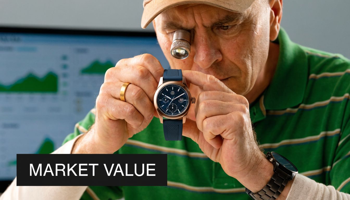 A watchmaker uses an eye loupe to examine the craftsmanship of a blue and rose gold wristwatch.