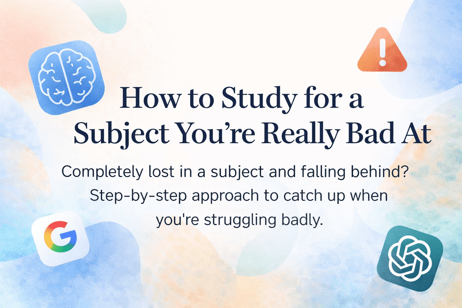 How to Study for a Subject You're Really Bad At, abstract pastel background with study icons like a brain, alert symbol, and learning tools.