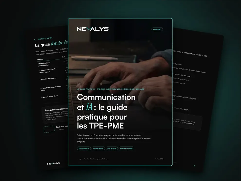 Couverture du guide Communication et IA — mockup éditorial Nevalys sur fond noir
