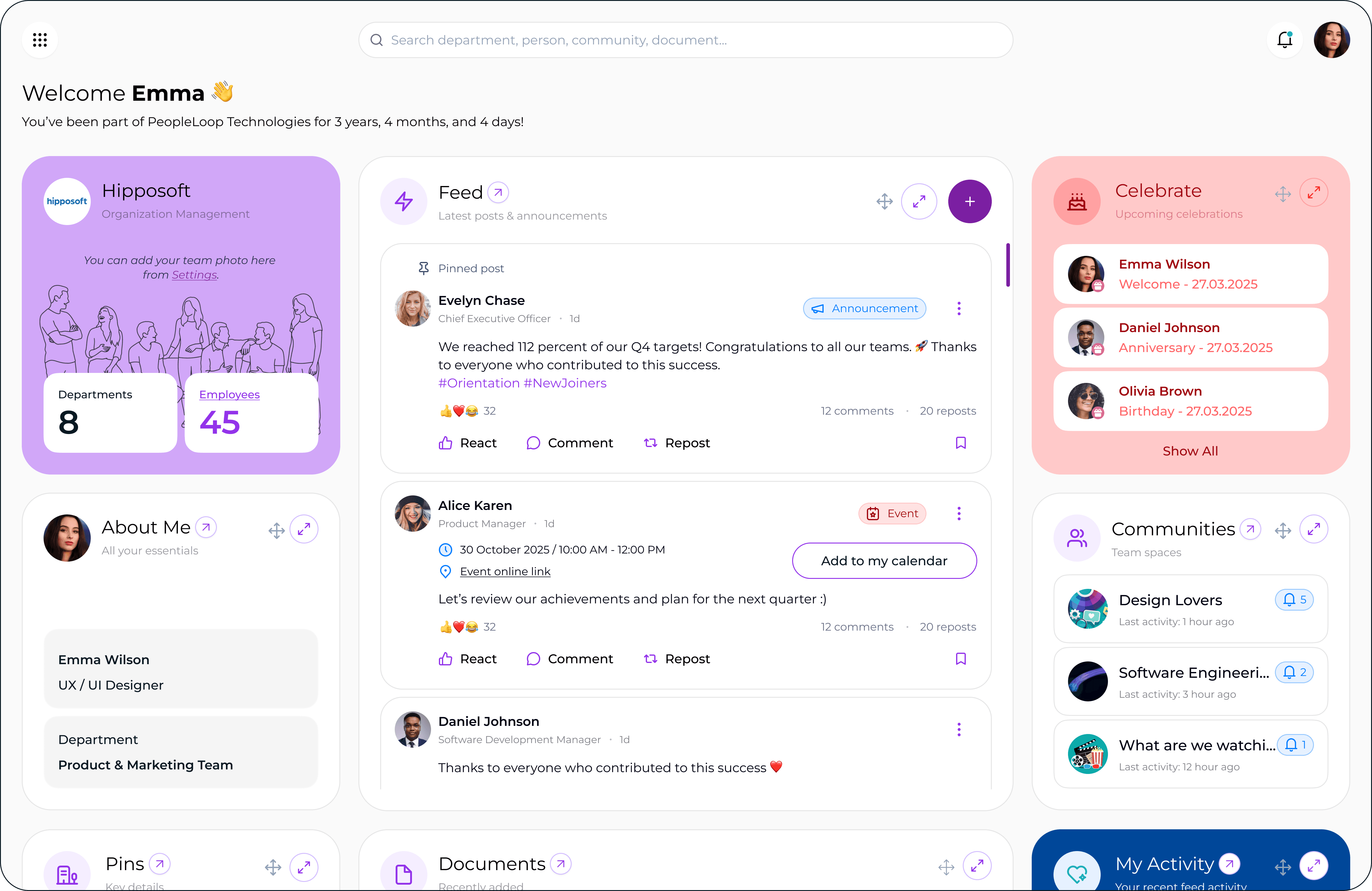 LoopB employee engagement platform dashboard showing company feed and team updates