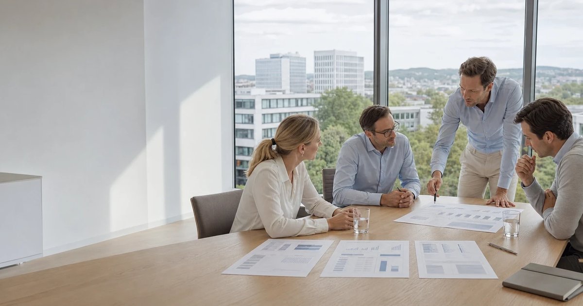 Diverse Gruppe von Kollegen bei der Zusammenarbeit in einem modernen, lichtdurchfluteten Büro.