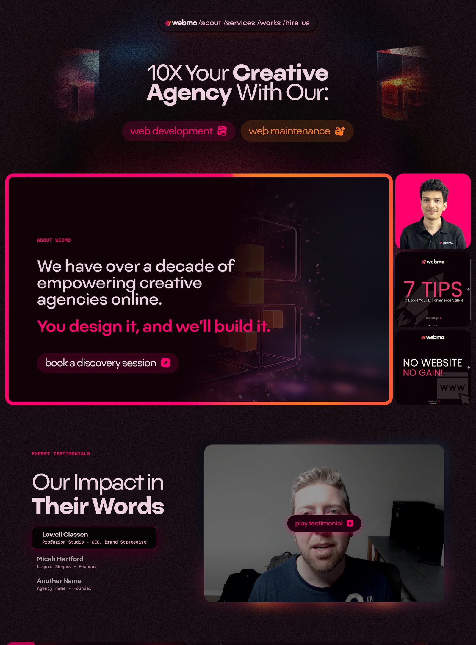 A landing page with at least two sections for "90X Creative web development agency" and the services it offers, such as website design or digital marketing", each section should have its own text that says what service is being coating on the header of every block. The first section in pink color depicts an executive man talking to camera about their impact. It has bold black letters saying 'No variant' above him, which can be used by directly below them. In purple font underneath he reads, "Can we help you get your business online?