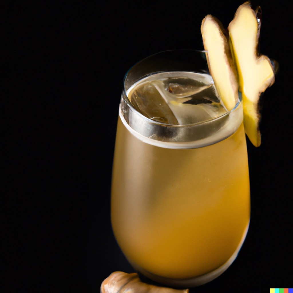 A refreshing ginger cocktail garnished with fresh ginger slices served in a tall glass with ice against a black background.