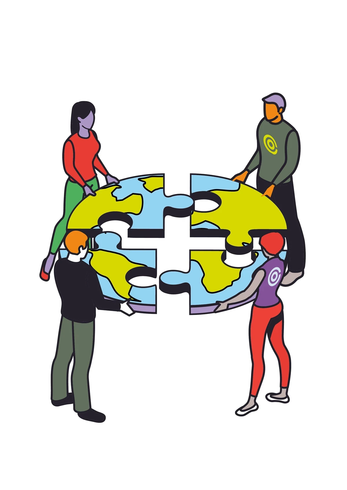 An illustration shows four people working together to assemble a puzzle shaped like the Earth. The image represents collaboration, shared responsibility, and collective action for global challenges.
