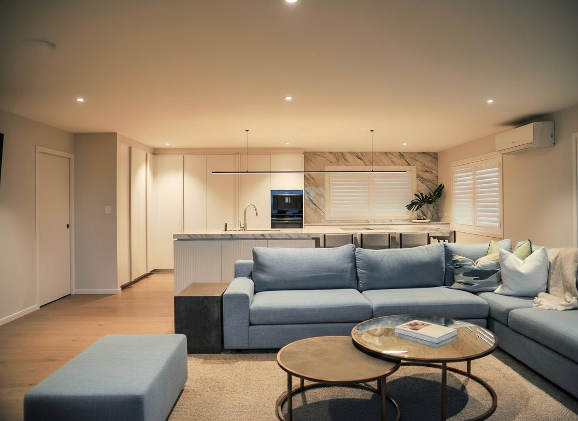 Lounge and living space, kitchen renovation, East Auckland builders