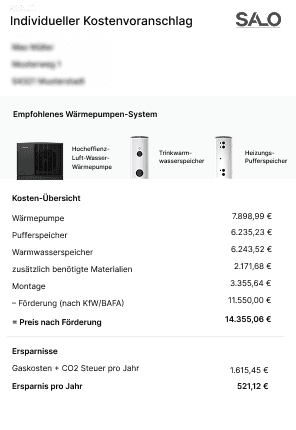 Musterangebot einer Wärmepumpe eines regionalen Fachbetriebs.