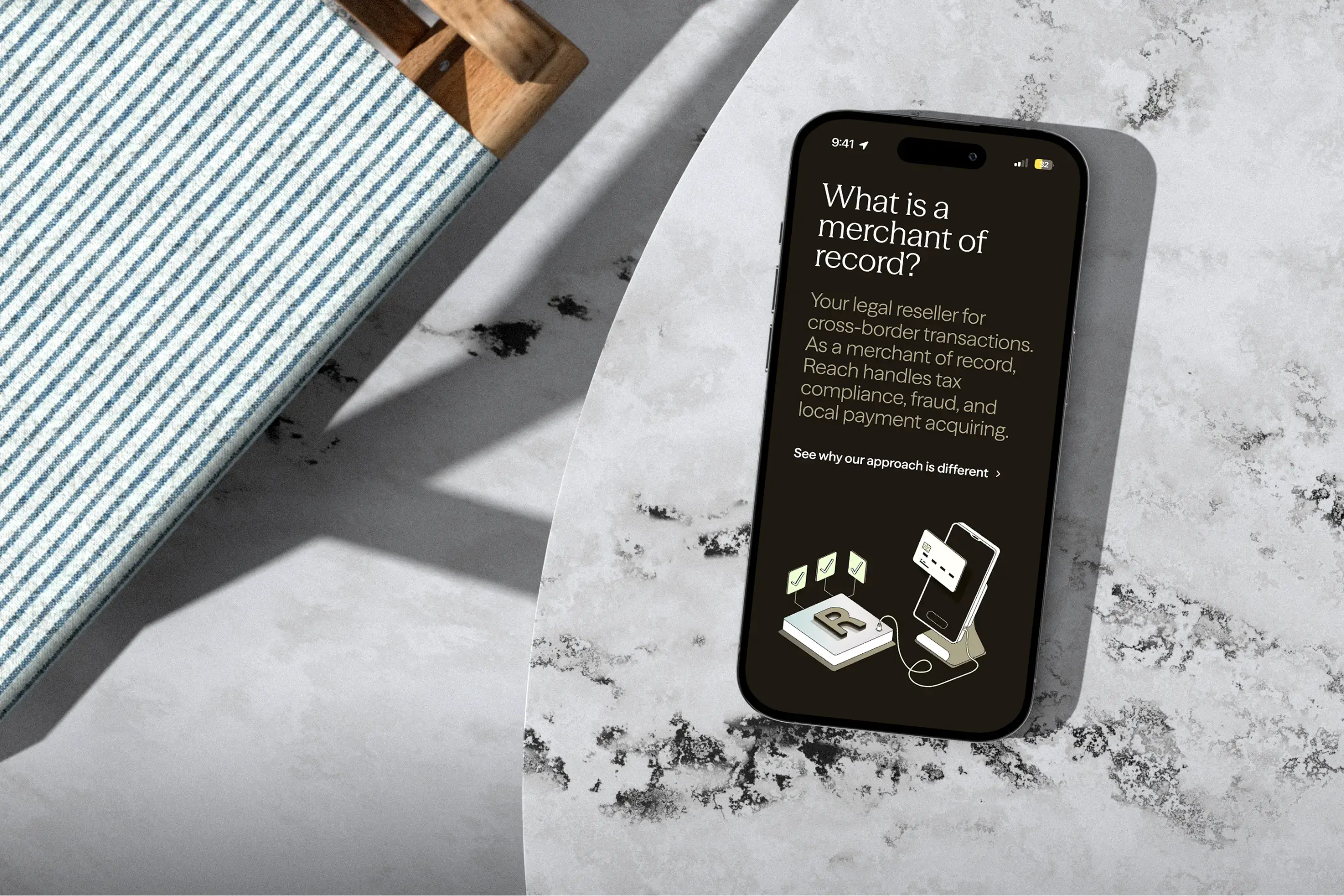 Reach mobile website on a phone, pairing “What is a merchant of record?” with an isometric payment illustration.