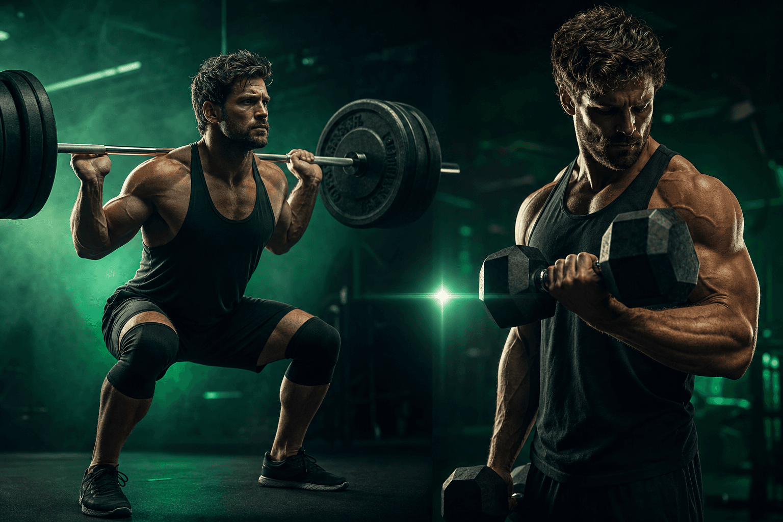 Split scene contrasting a fresh athlete starting with a heavy barbell squat versus performing a focused dumbbell curl, illustrating strength-first versus flexible hypertrophy ordering