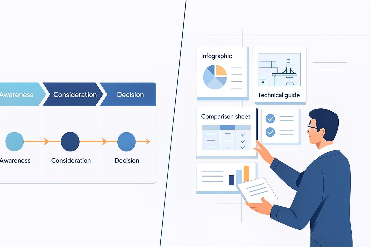“Illustration depicting the buyer's journey and various marketing materials used by a specialized B2B agency in Wyoming to assist their clients' growth”.