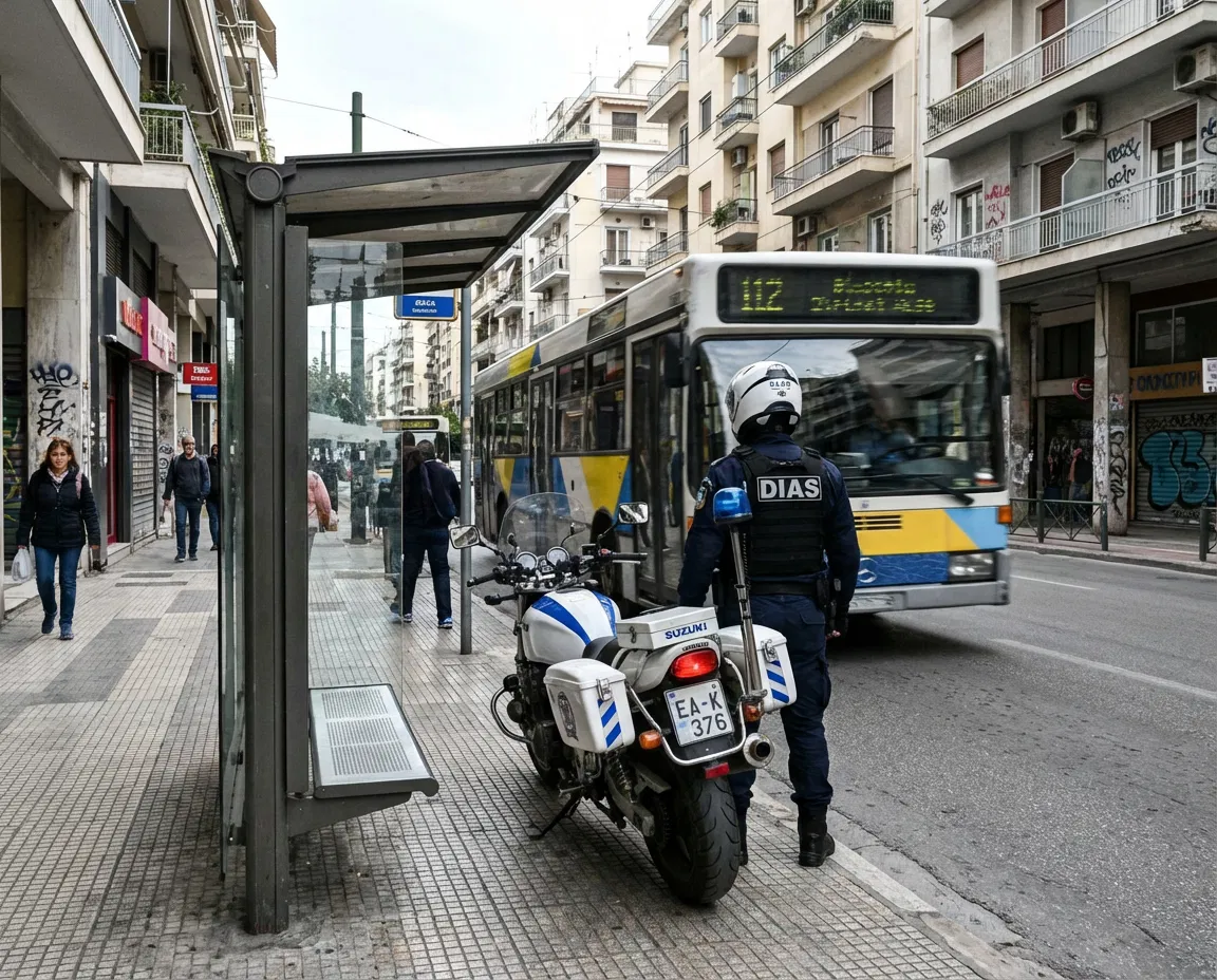 Greek DIAS police motorcycle patrol near a bus stop in an urban neighborhood.