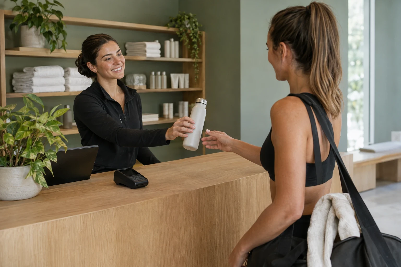 Produktverkauf am Empfang eines Fitnessstudios