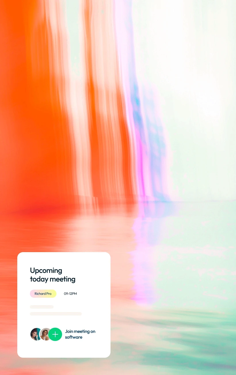 Abstract blurred background of warm orange and cool blue hues with a meeting reminder card at bottom left.