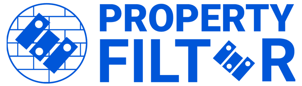 Property Filter logo featuring a blue brick circle icon with three tilted property filter symbols, next to bold blue text reading 'PROPERTY FILTER'