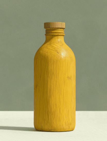 A wooden-textured yellow bottle with a matching cap stands on a light surface against a muted green background, conveying a rustic, minimalist aesthetic.