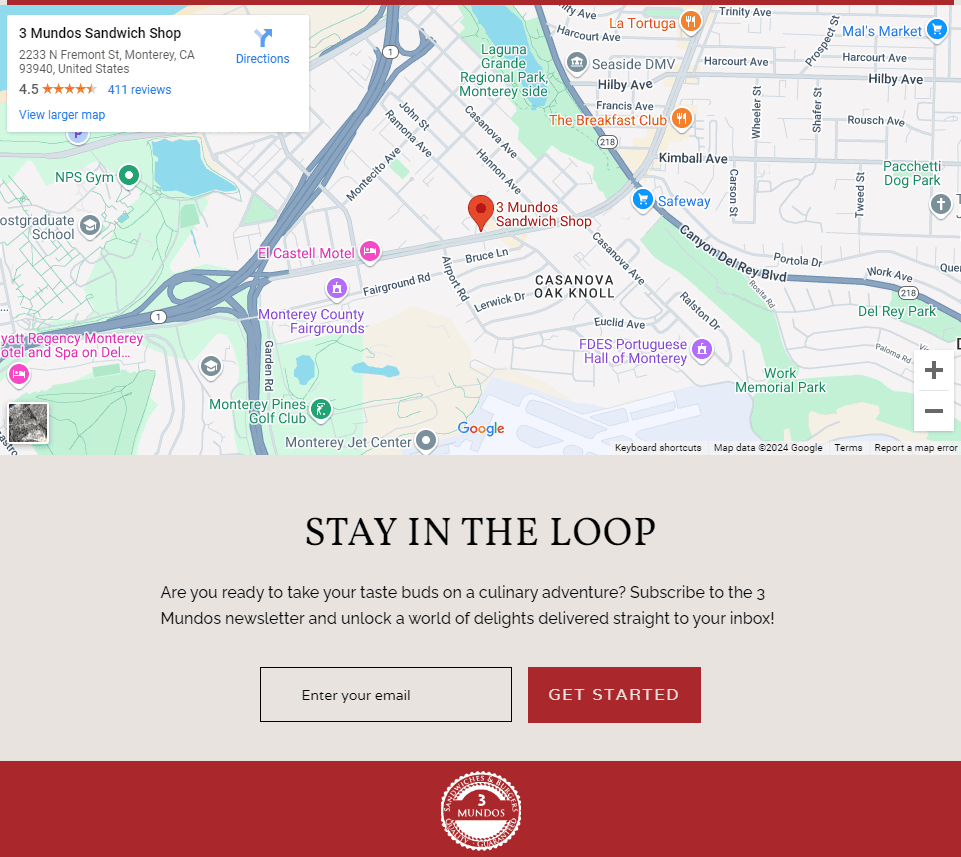 3 Mundos Sandwich Shop website footer