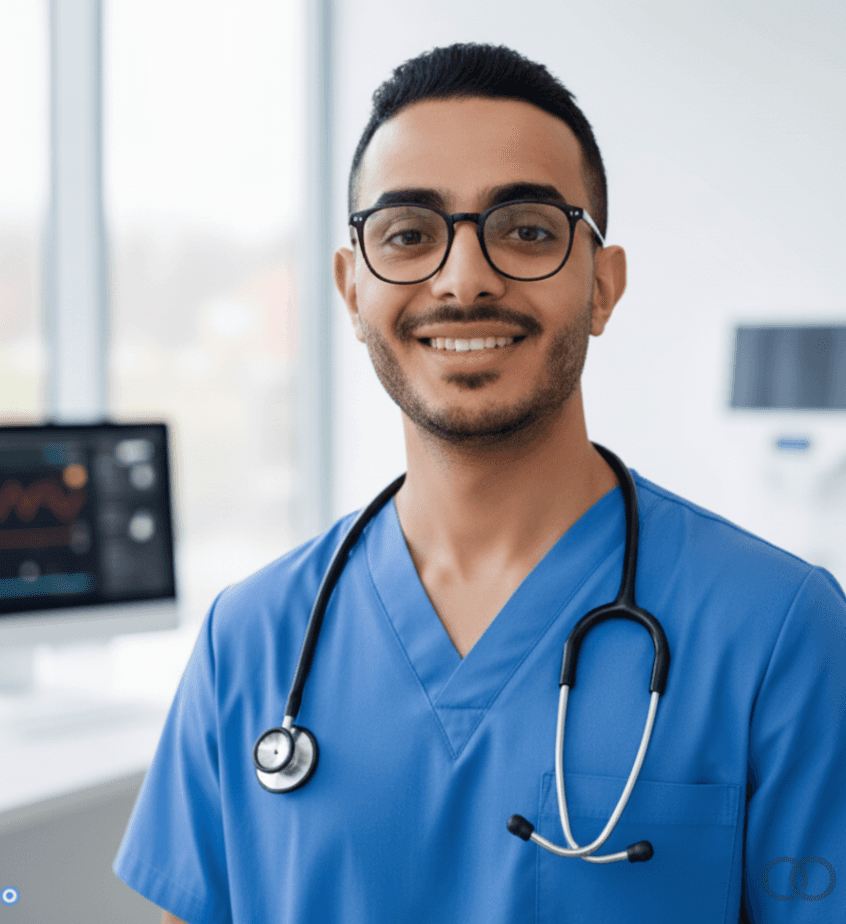 imagem mostra um médico negro sorrindo satisfeito após ter atendido seus pacientes com o auxilio da tecnologia