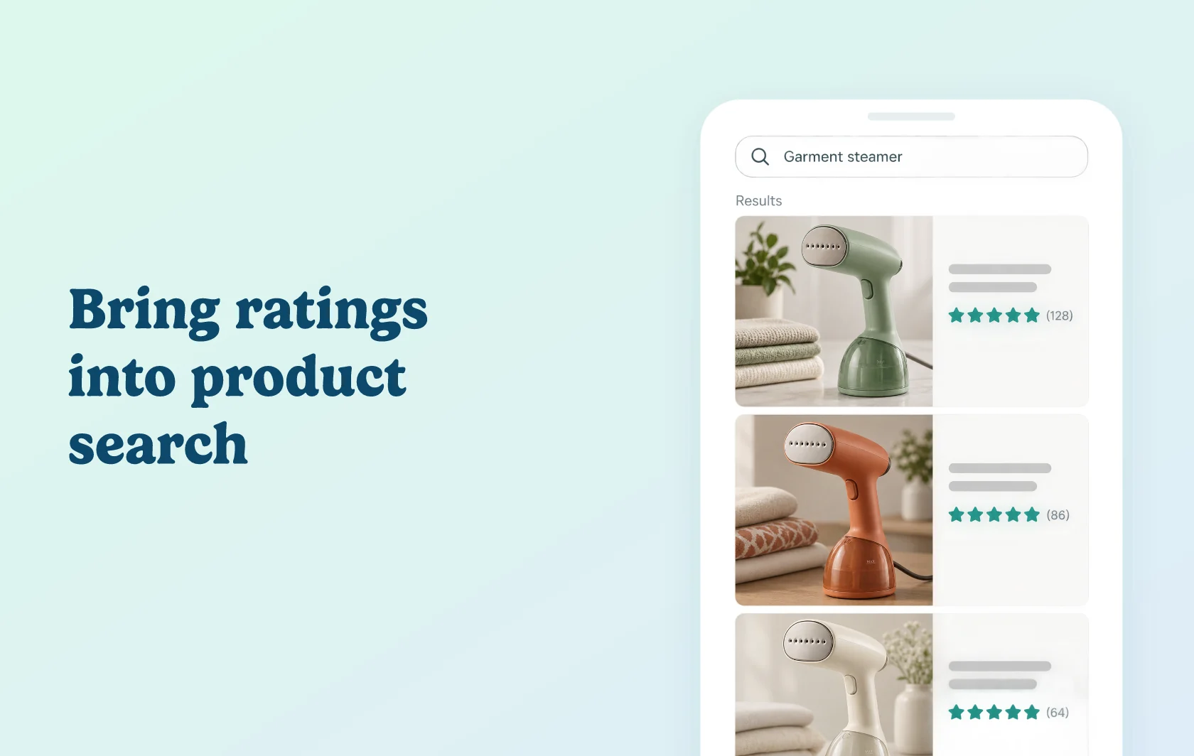 Judge.me and Searchanise integration: illustration of garment-steamer search results with each product’s star rating and review count.
