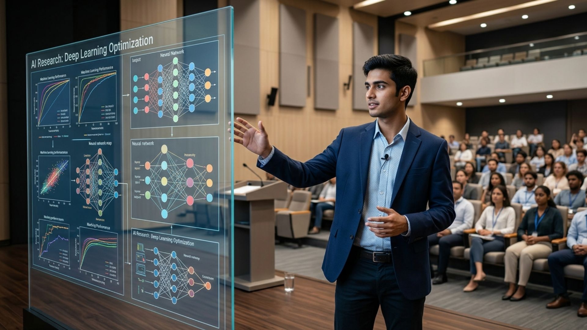 Young professional presenting AI research and deep learning charts on a transparent screen during a seminar, highlighting the future of tech jobs in India.