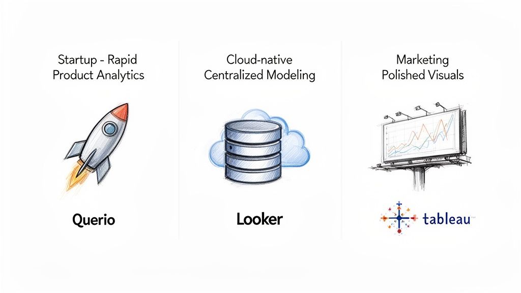 Comparison of data analytics tools: Querio for rapid product analytics, Looker for cloud modeling, and Tableau for marketing visuals.