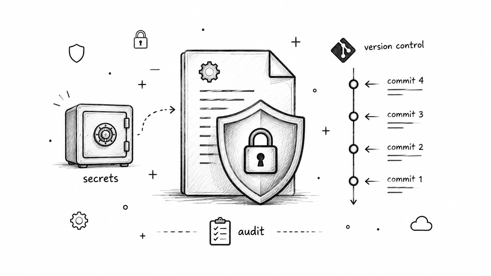 A hand-drawn sketch illustrating secret management, security shielding, and version control for configuration files.