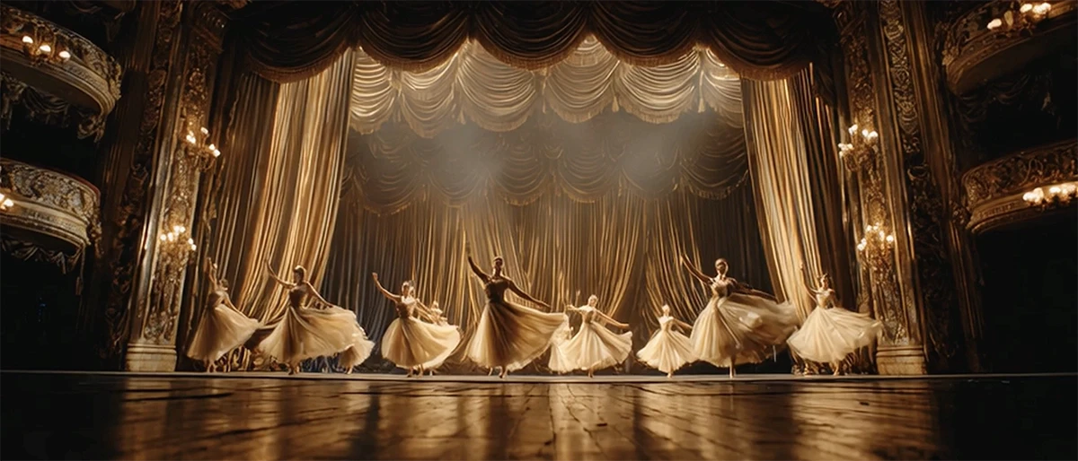 A grand theater scene with opulent golden curtains and performers on stage — symbolizing exclusivity, culture, and refined access to unforgettable experiences.