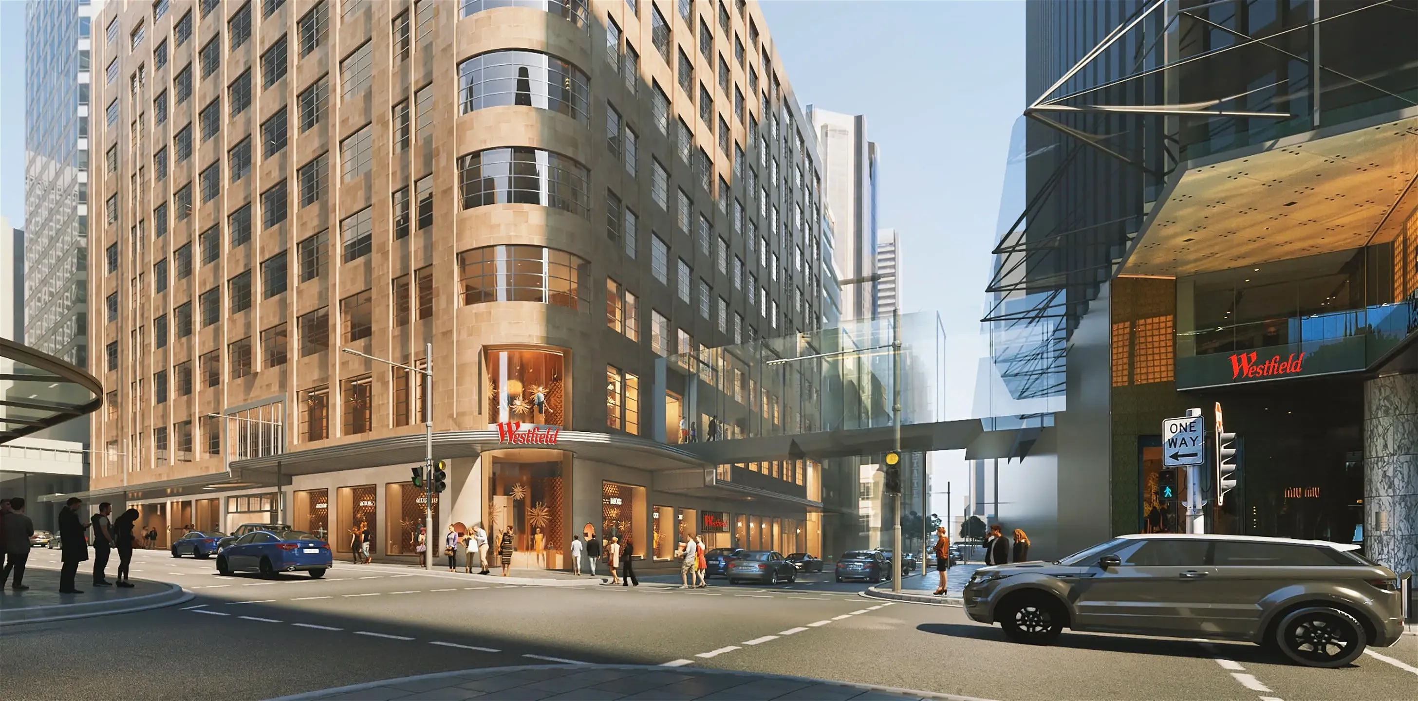 Street view of Westfield building with cars and pedestrians.