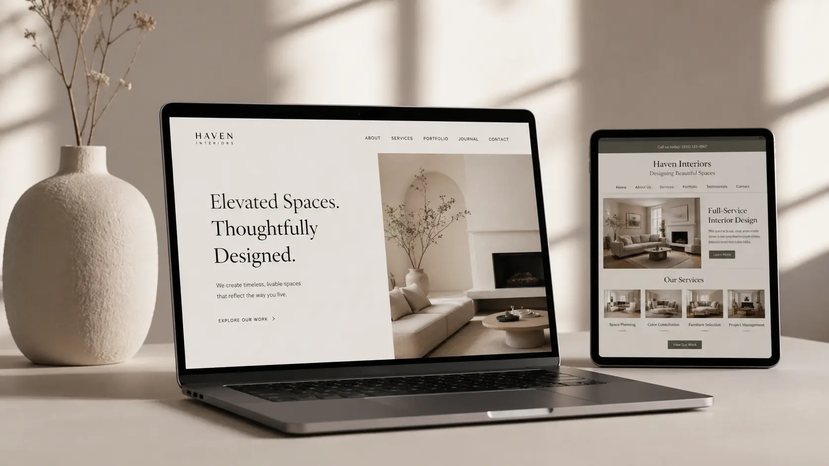 A laptop and tablet mockup on a minimalist desk illustrating a website redesign transformation from an old layout to a modern, clean interface.