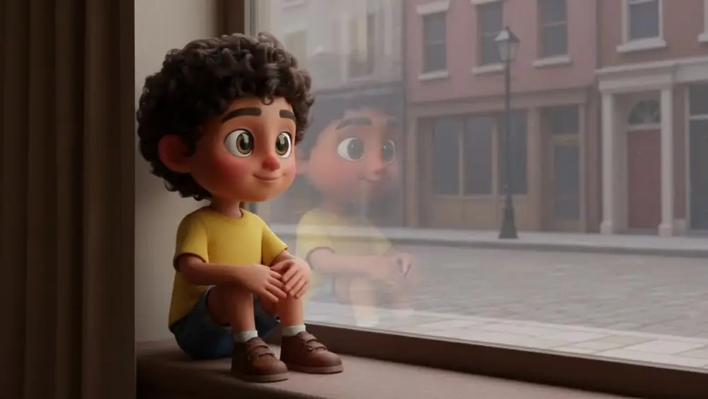 Scene 23: the boy sitting alone by a window, hugging his knees