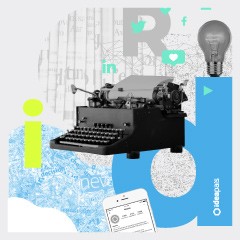 Portada de Relato constitucional de IdeaPaís y decálogo de propuestas, documento de debate constitucional de IdeaPaís, mostrando una máquina de escribir rodeada de figuras como un celular y una ampolleta.