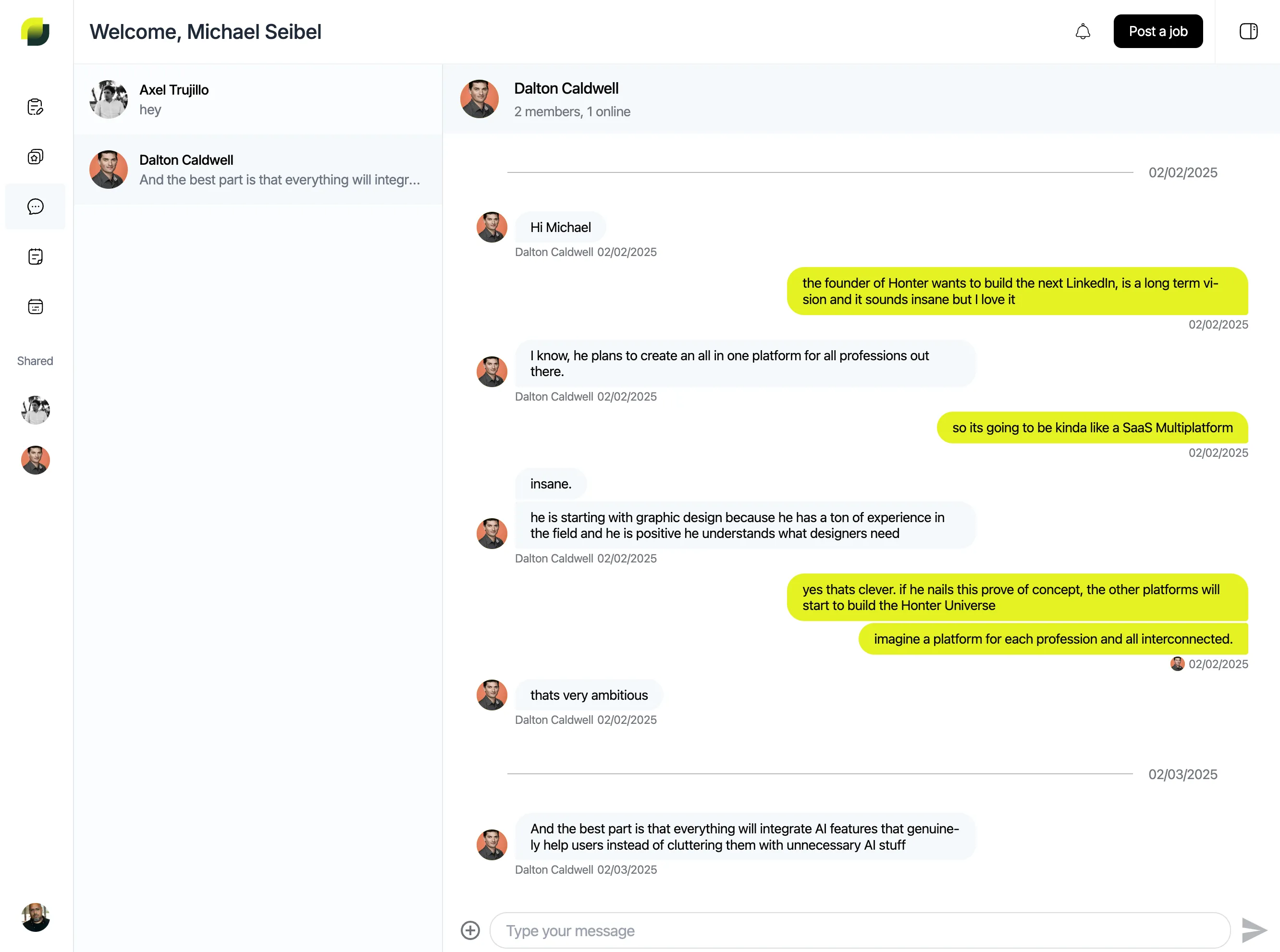 Interfaz de chat instantáneo en Honter entre diseñadores y clientes tras hacer match