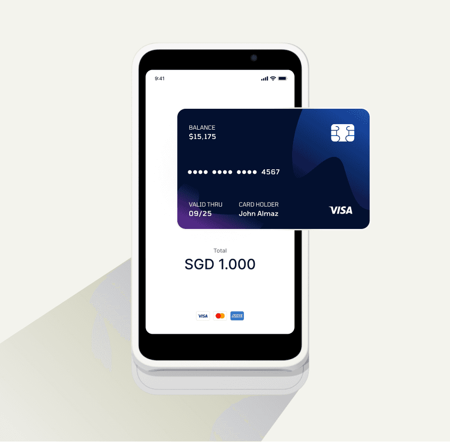 A stylized depiction of a phone screen showing a bank balance and a credit card overlayed on the screen.