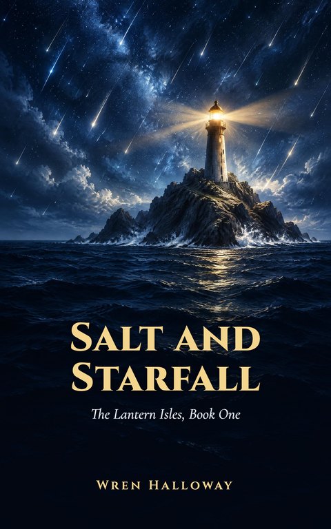 Fantasy cover template: Salt and Starfall, a lighthouse under falling stars