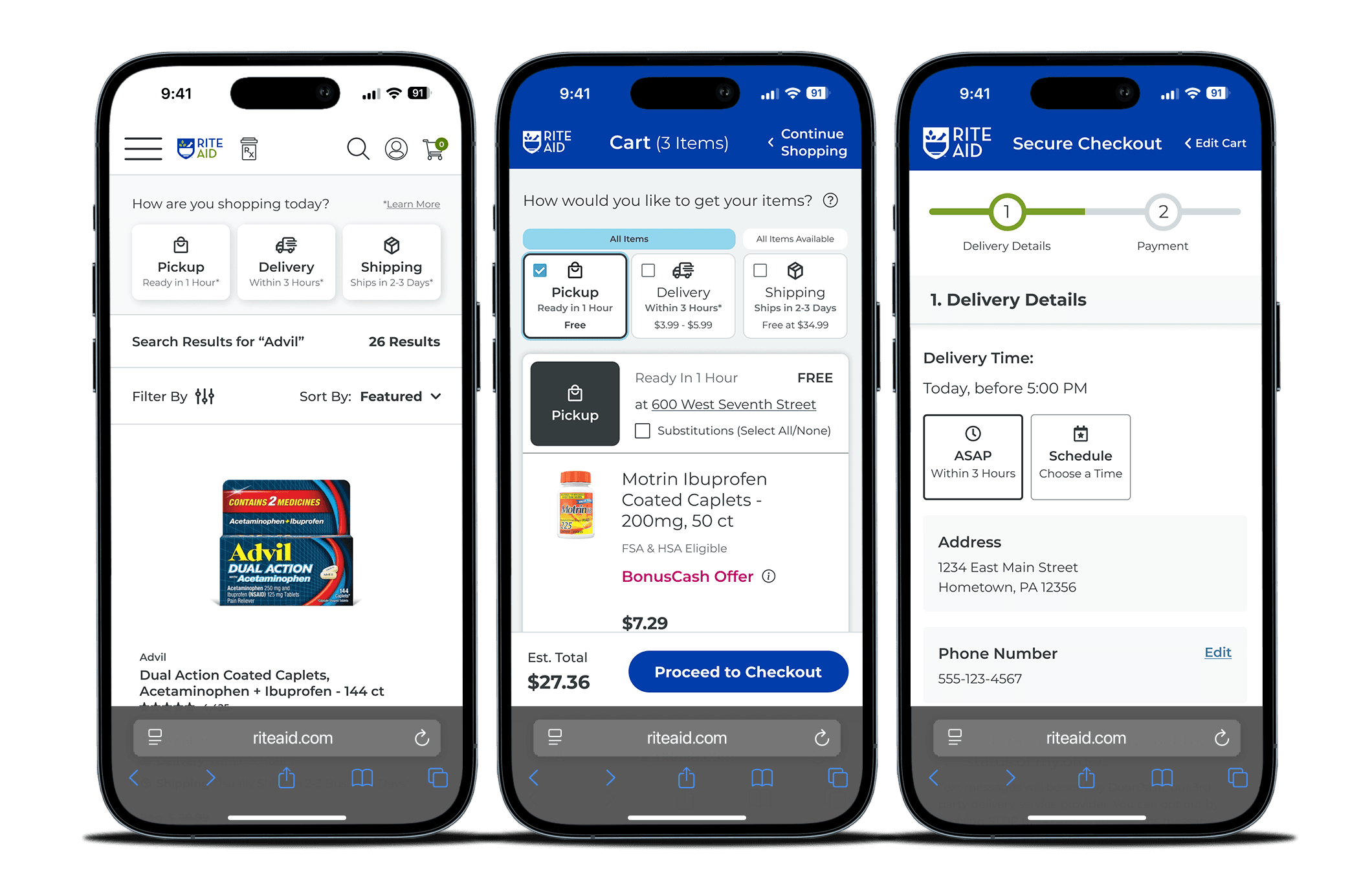 Three iPhones showing the Same-Day Delivery feature