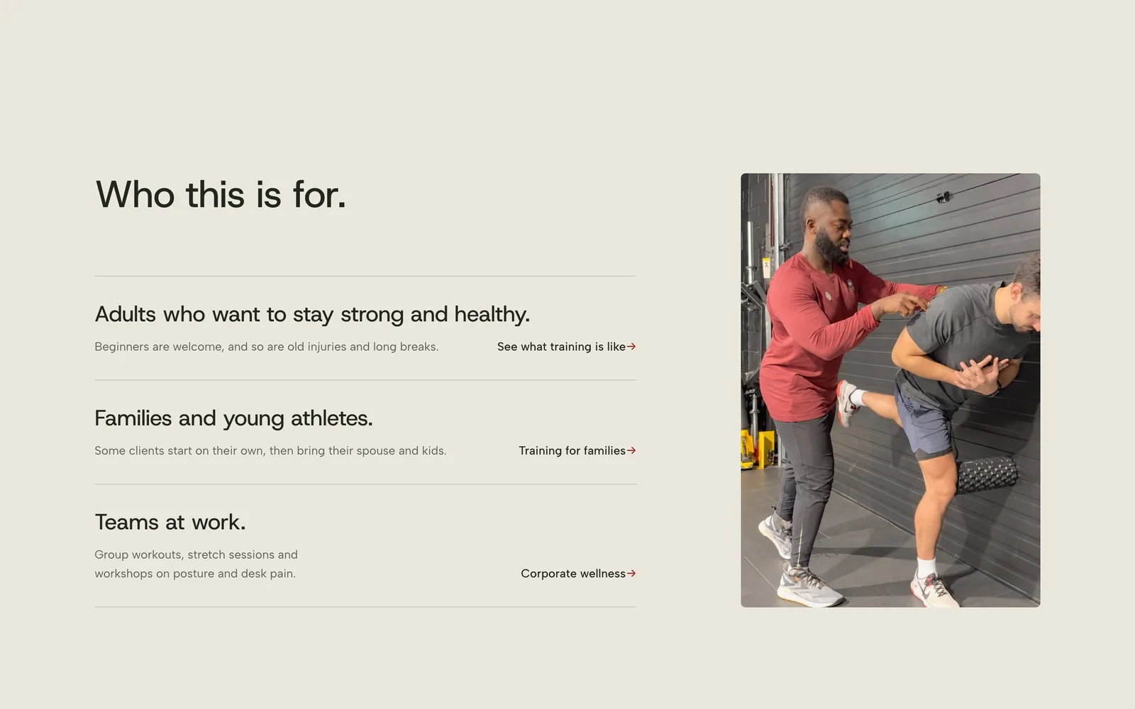 From the Koomson website: ‘Who this is for,’ adults, families and young athletes, teams at work